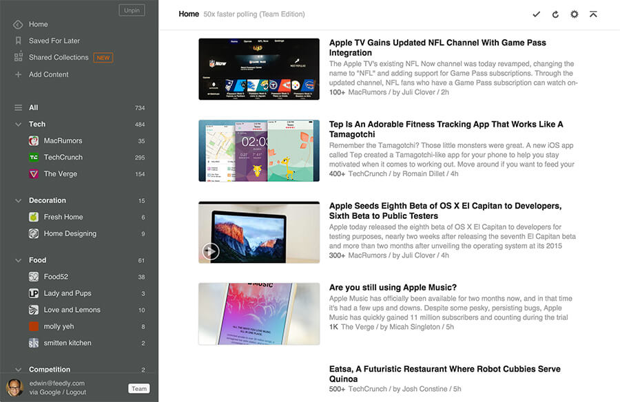 Screenshot of the Feedly RSS reader app showing multiple blog subscriptions