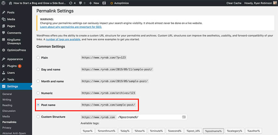 The WordPress permalink structure options screen