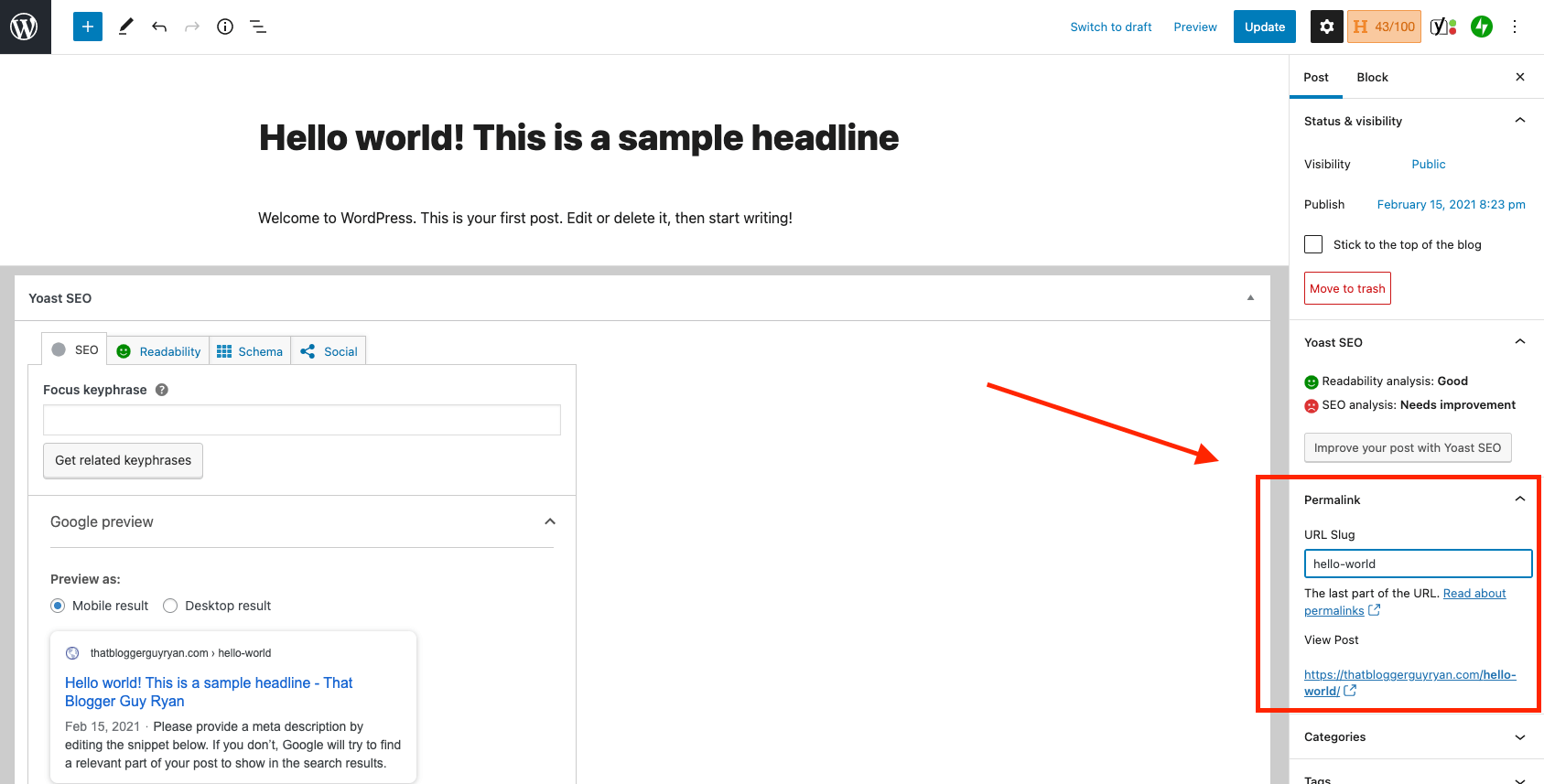 How to change a permalink in the WordPress Gutenberg editor sidebar