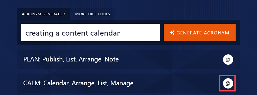 Selecting and Copying Your Favorite Option From the Generated Acronyms
