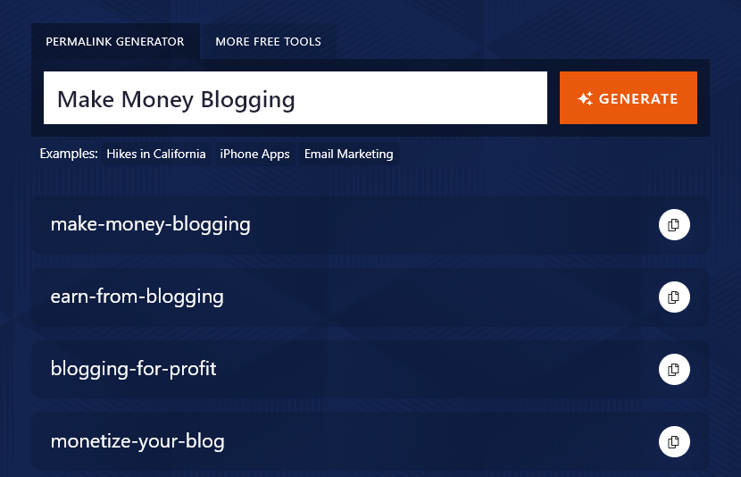 Generating Permalinks With the Free AI Permalink Tool (Four Permalinks Shown in Screenshot: make-money-blogging, earn-from-blogging, blogging-for-profit, monetize-your-blog)
