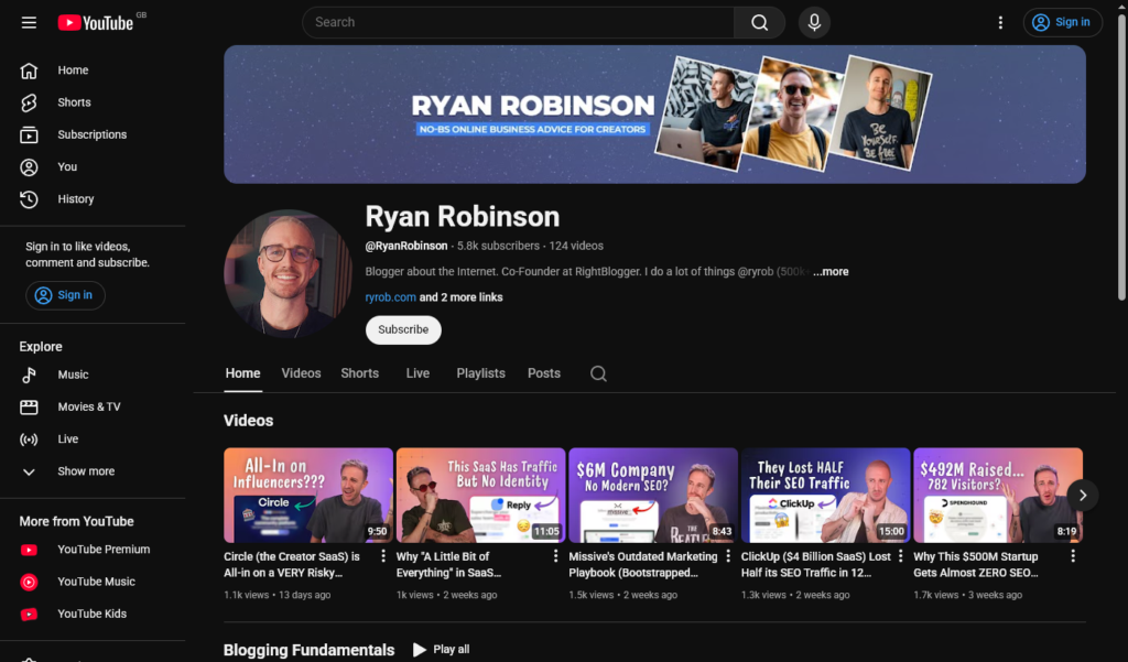 Ryan Robinson's Vlog (YouTube channel) with blogging and online business advice.