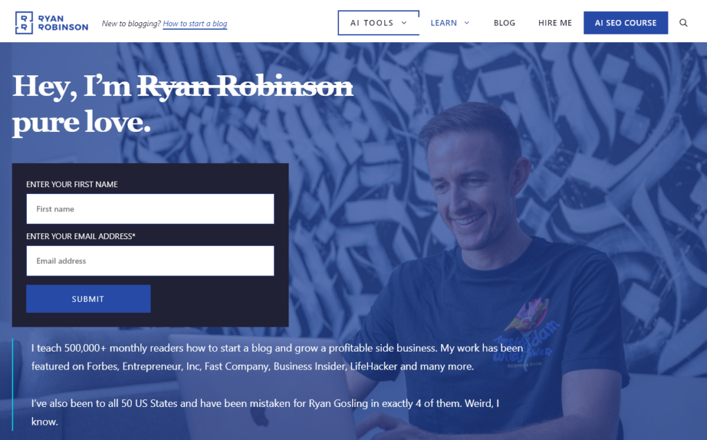 Ryan's About page (one of the key pages for a blog)
