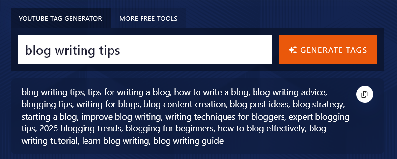 YouTube Tag Generator results when given a general video topic