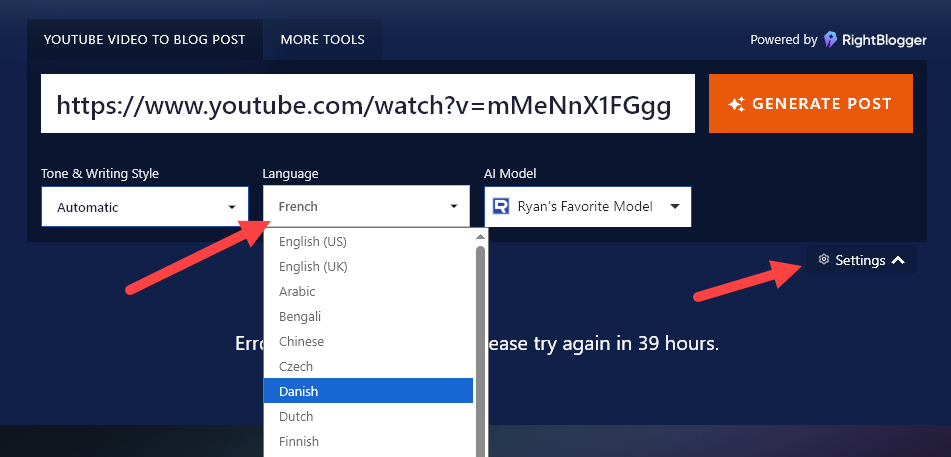 Choosing an output language for the YouTube to Blog Post Generator AI tool.