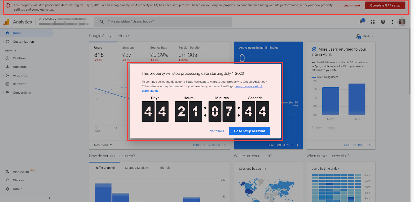 Google Analytics 4 Dashboard Screenshot Showing Countdown Timer Warning That the Property Needs to Be Migrated to Google Analytics 4
