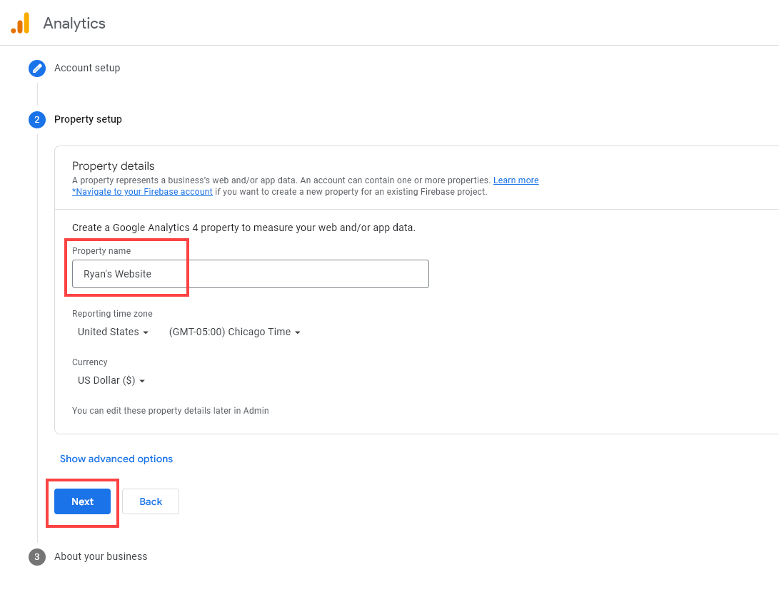 Google Analytics Property Setup Screen Prompting the User for Property Name, Time Zone, and Currency