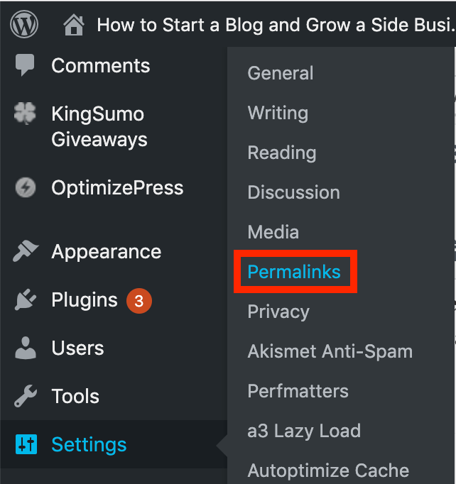 WordPress permalink settings menu
